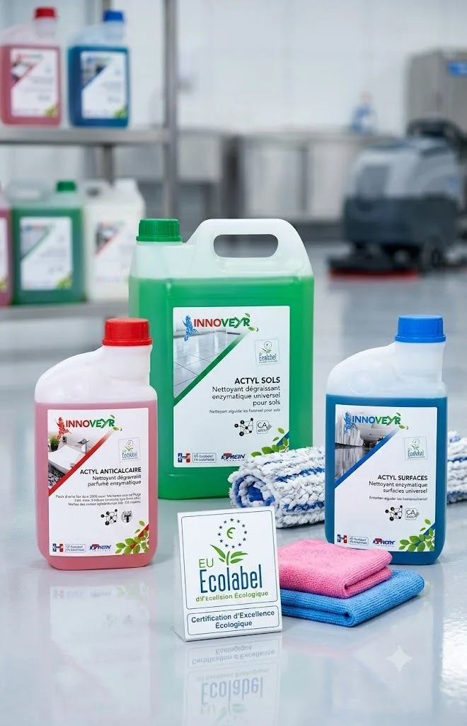 Produits de nettoyage écolabellisés (gamme INNOVEYR, certification EU Ecolabel) et microfibres